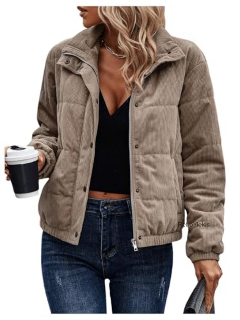 Womens Corduroy Quilted Puffer Jacket Zip Up Padded Bomber